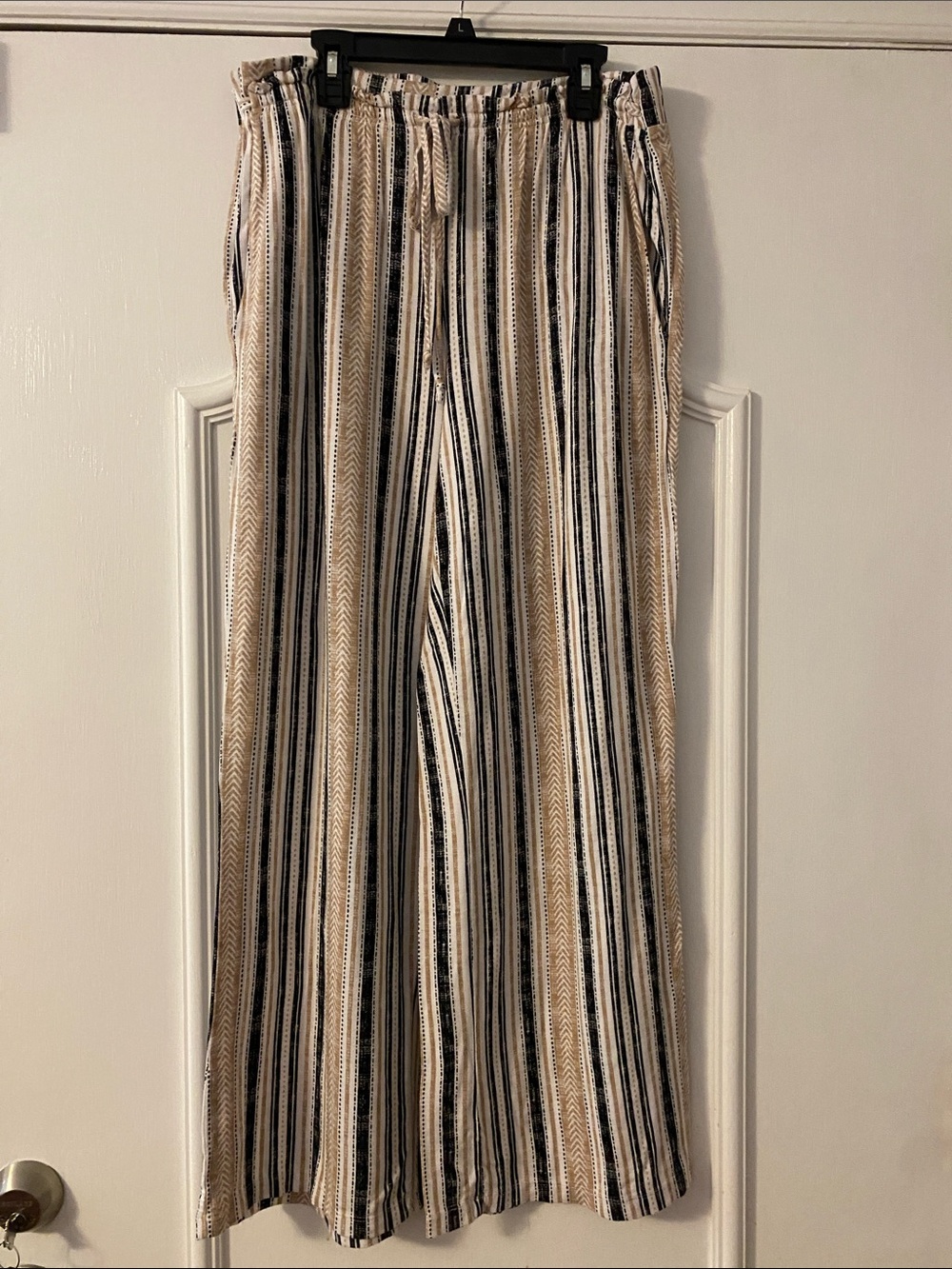 Palazzo Pants Striped Neutral - Black, Cream, Tan - Picture 1 of 6